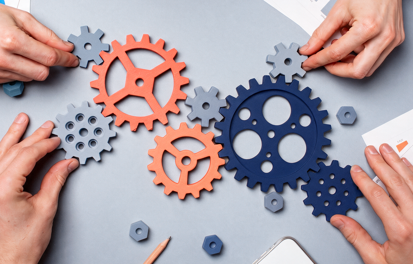 Hands arranging interlocking gears of different sizes, symbolizing how a board skills analysis assesses directors’ collective expertise and alignment with future needs.